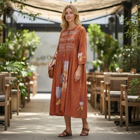 Boho Cottage Cotton Rust Floral Earthy Prairie Artsy Folk Peasant Maxi Dress  XXL